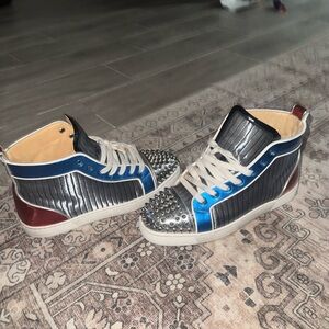 Christian Louboutin Silver and Blue Spiked Sneakers